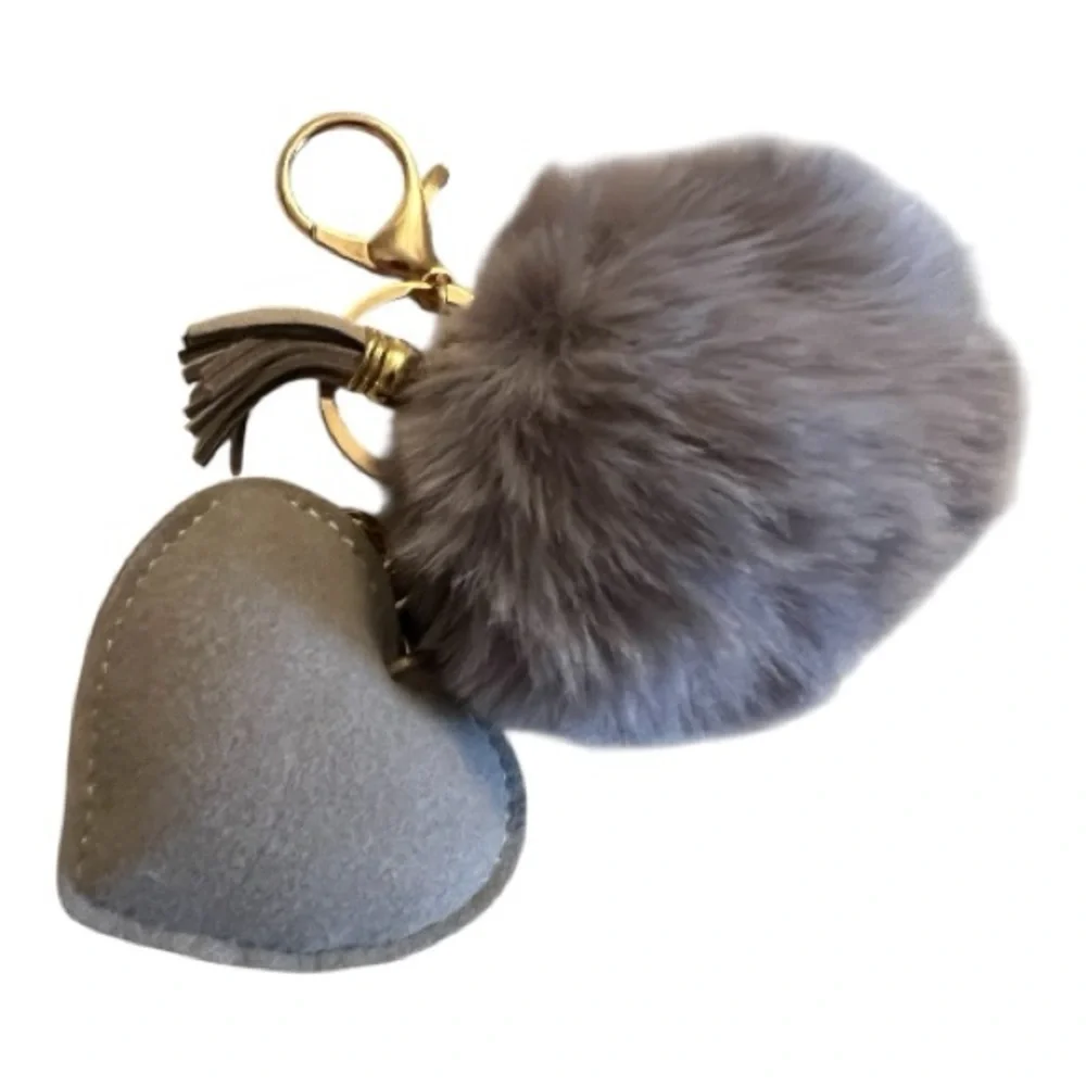 Bag Charm Grey Key Charm Plush Rhinestone Decorated Heart Shaped & Pom Pom
